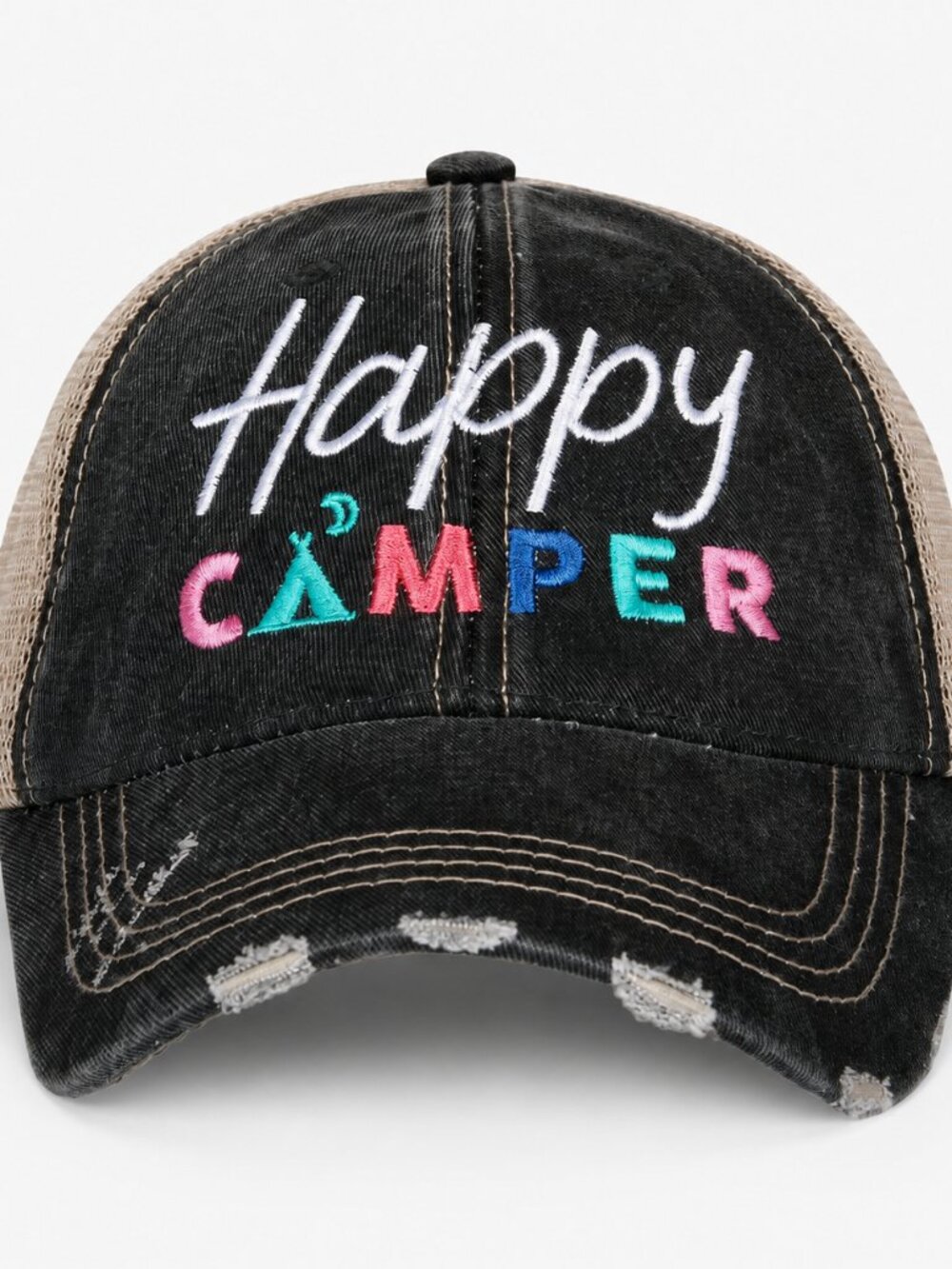 Happy Camper Distressed Trucker Hat Adjustable - Picture 2 of 3